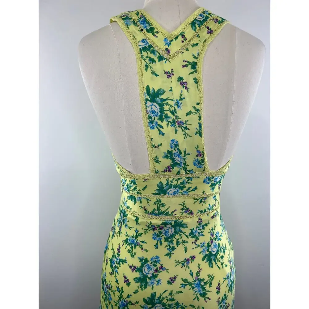 ASOS Design NEW Satin Mini Dress Lace Trim Button Front Yellow Ditsy Floral Sz 2